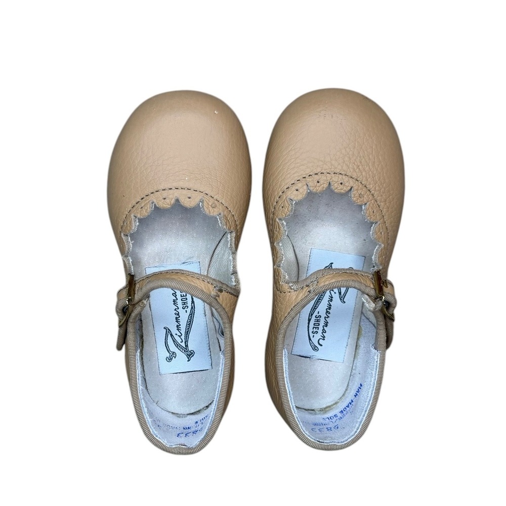 Zimmerman Shoes Kids Tan Pebbled Leather Scalloped Mary Janes Size 5